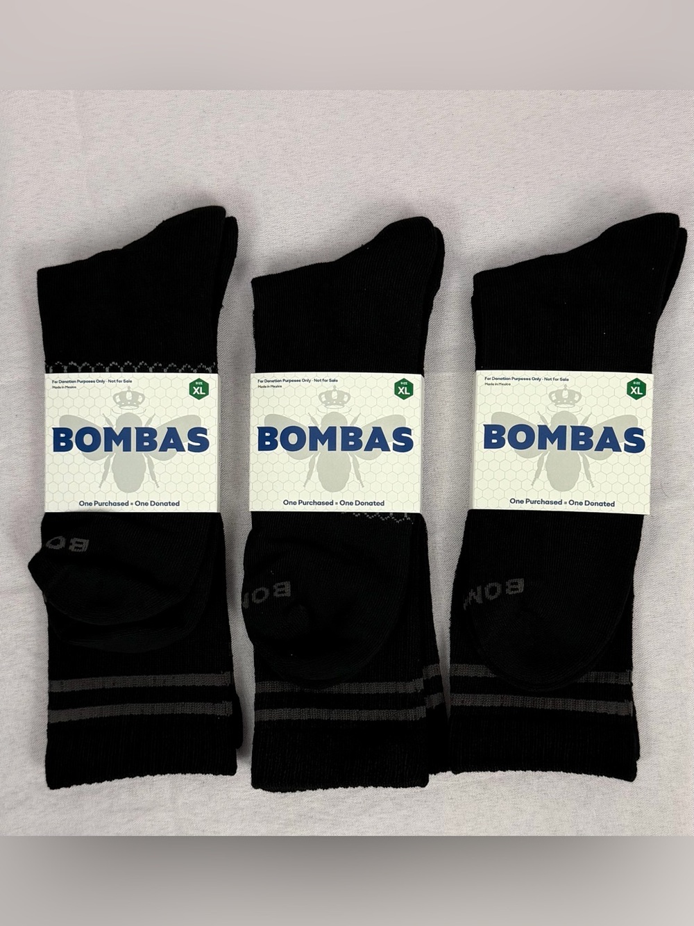 Bombas (Set of 3 Pair)Black Calf Athletic Socks with Gray Stripes & Bee XL  NWT